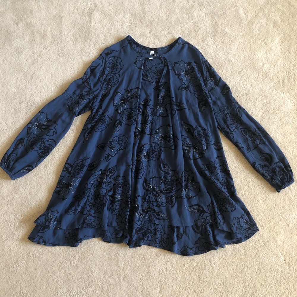 Free People Blue Floral Printed Flowy Boho Long Sleeve Tunic Dress Small